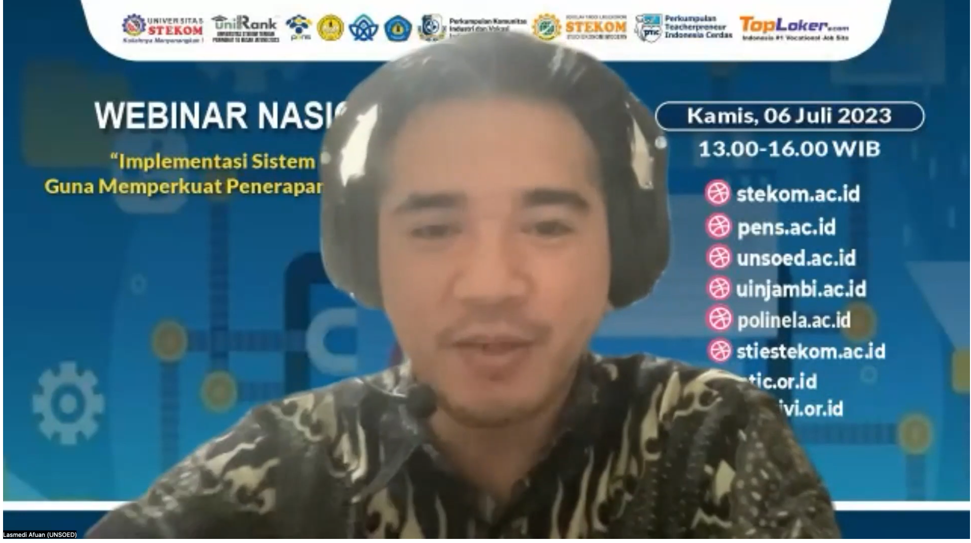Dosen Informatika UNSOED menjadi Pembicara dalam Webinar Nasional yang diselenggarakan Universitas STEKOM Semarang